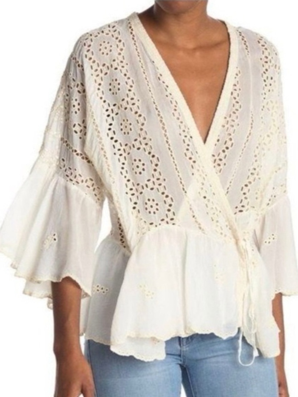 Johnny Was Ira Ivory Eyelet Ruffle Kimono Wrap Top
